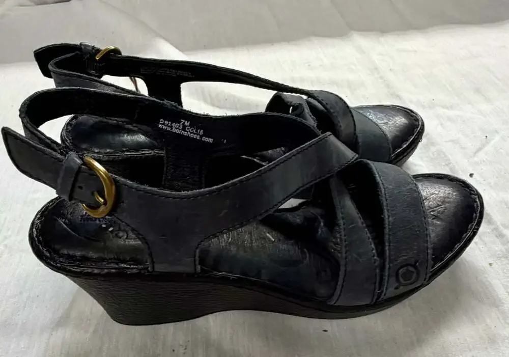 Born Black Leather Idella Strappy Slingback Wedge Sandals